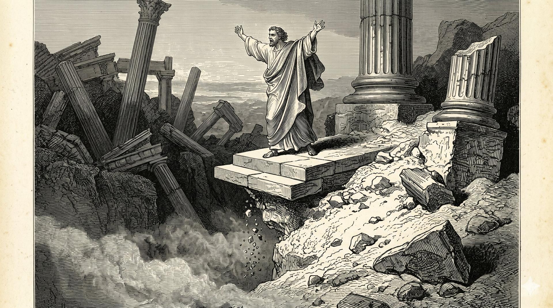 A 19th-century black-and-white engraving. A robed figure stands on a small stone platform in the middle of a ruined landscape, arms raised in confident declamation. Broken columns lie around him. The platform beneath his feet is crumbling into loose rock and sand, falling away into empty space below — but the figure cannot see this from where he is standing.
