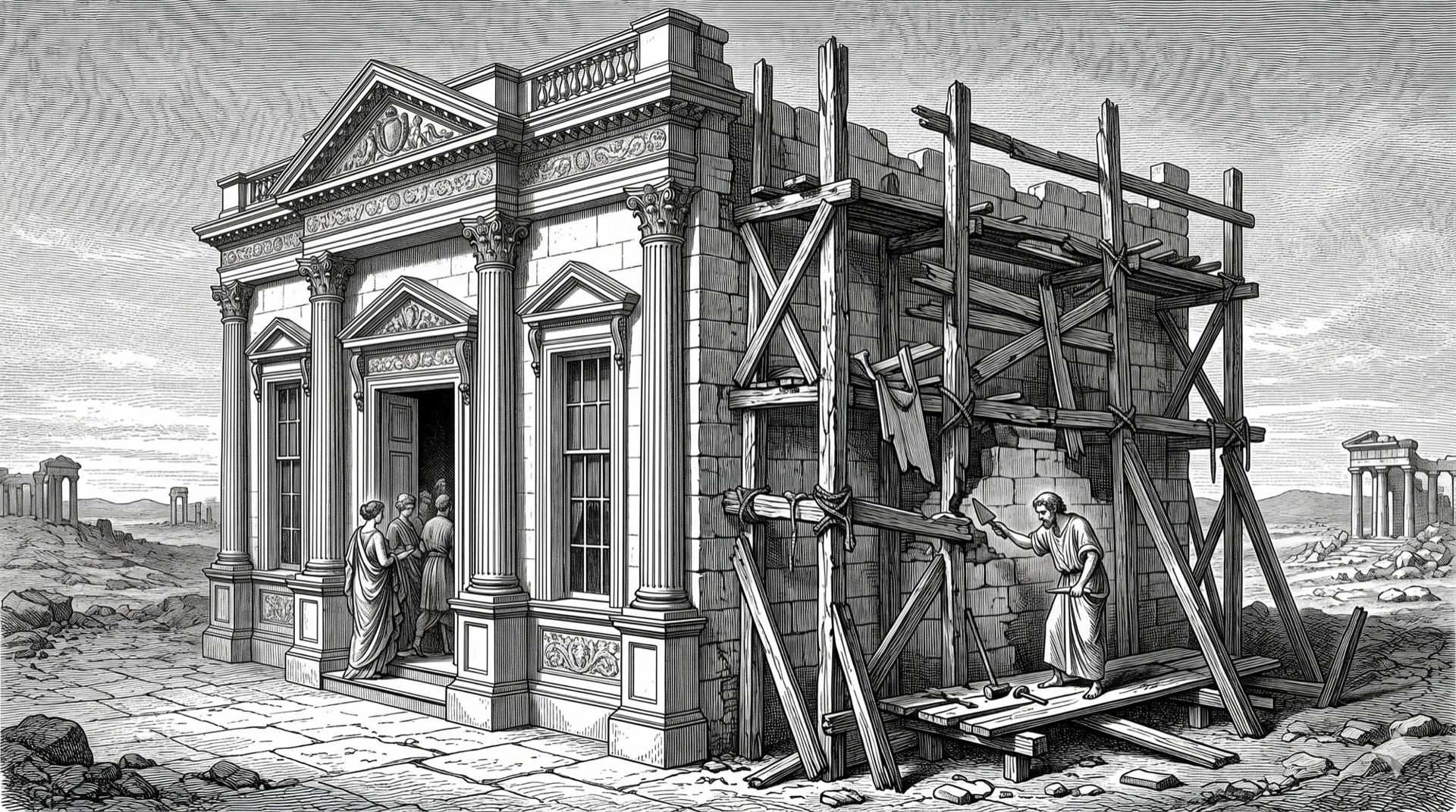 An ornate, freshly painted facade of a grand house. From the front it looks immaculate. The viewer's angle reveals the back: there is no back. Wooden scaffolding props it up from behind, the timber rotten and warped. The building is a single wall pretending to be a home.