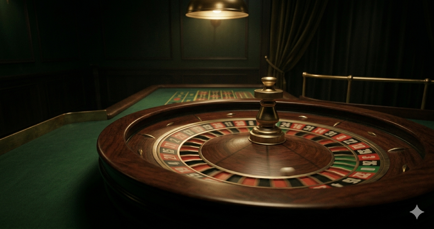 A roulette wheel mid-spin in a dimly lit private gambling room