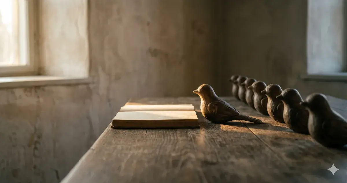 A row of carved wooden birds beside an open book on a sunlit windowsill