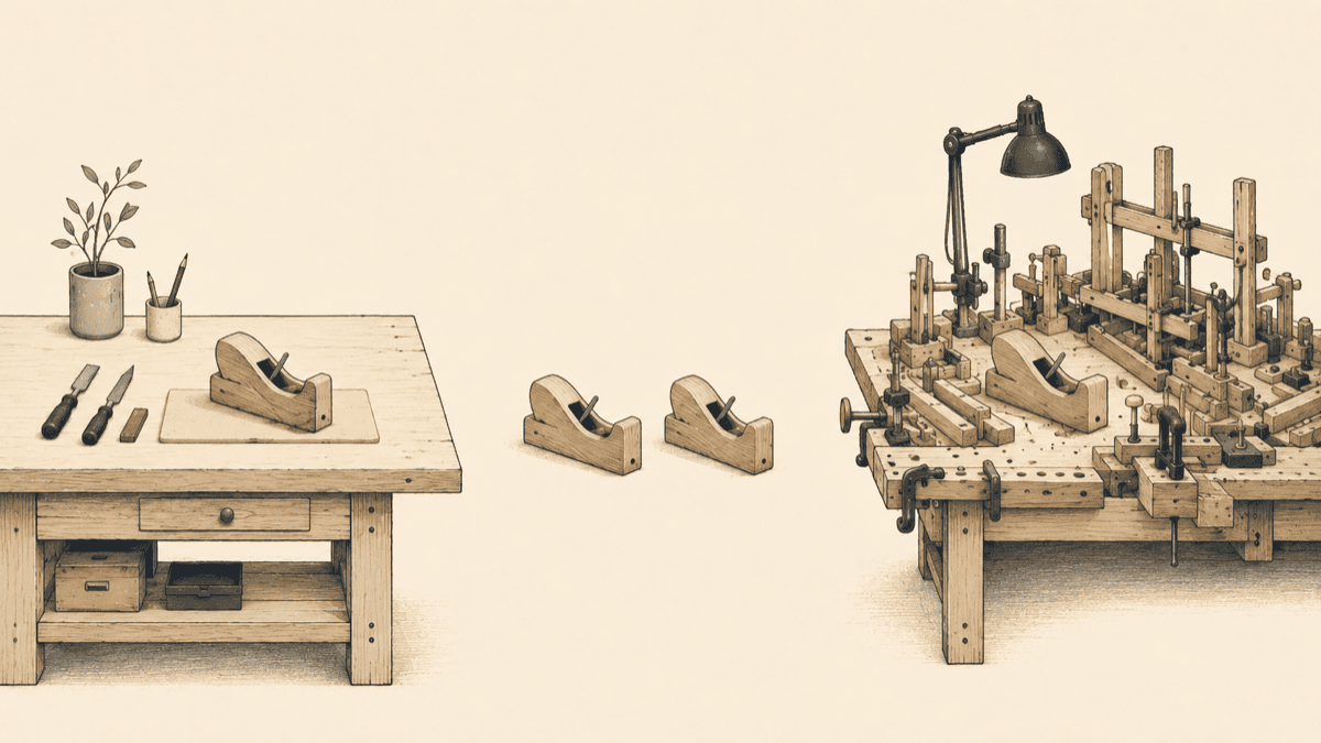 Two workbenches building the same object, one cluttered with scaffolding, one spare, both producing an identical result.