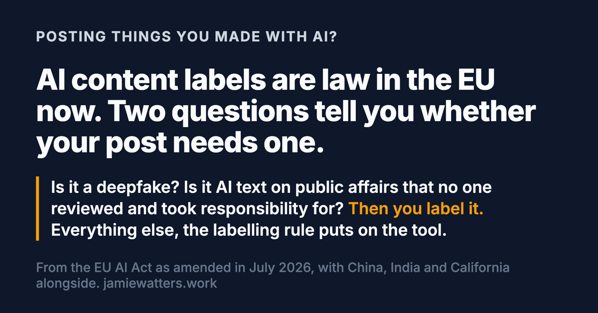 Social card. Kicker: posting things you made with AI? Headline: AI content labels are law in the EU now. Two questions tell you whether your post needs one. Below: is it a deepfake? Is it AI text on public affairs that no one reviewed and took responsibility for? Then you label it. Everything else, the labelling rule puts on the tool.