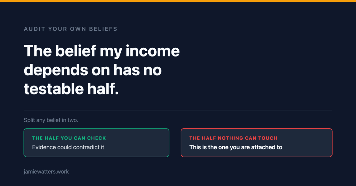 Title card reading: the belief my income depends on has no testable half. Below it, two boxes: the half you can check, which evidence could contradict, and the half nothing can touch, which is the one you are attached to.