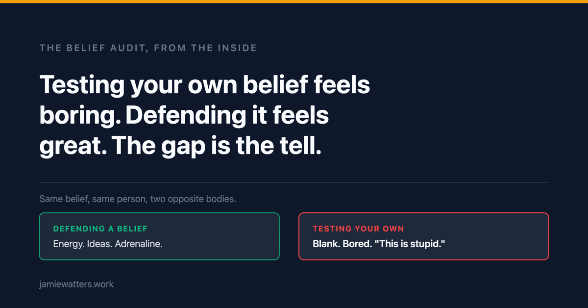 Title card reading: testing your own belief feels boring, defending it feels great, the gap is the tell. Below it, two boxes: defending a belief, with energy, ideas and adrenaline; testing your own, with blank, bored and this is stupid.