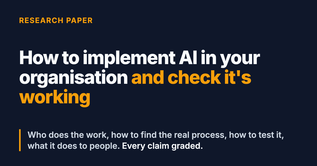 Social card. Research paper. How to implement AI in your organisation and check it's working. Who does the work, how to find the real process, how to test it, what it does to people. Every claim graded.