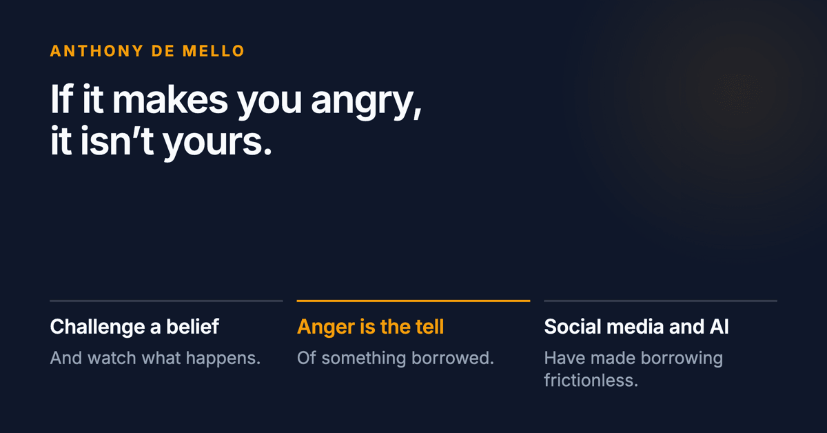 If it makes you angry, it isn't yours. Below: challenge a belief and watch what happens, anger is the tell of something borrowed, and social media and AI have made borrowing frictionless.