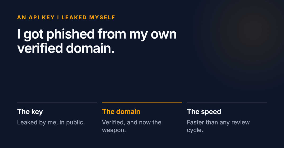 I got phished from my own verified domain. Below: the key leaked by me in public, the domain verified and now the weapon, and it happened faster than any review cycle.