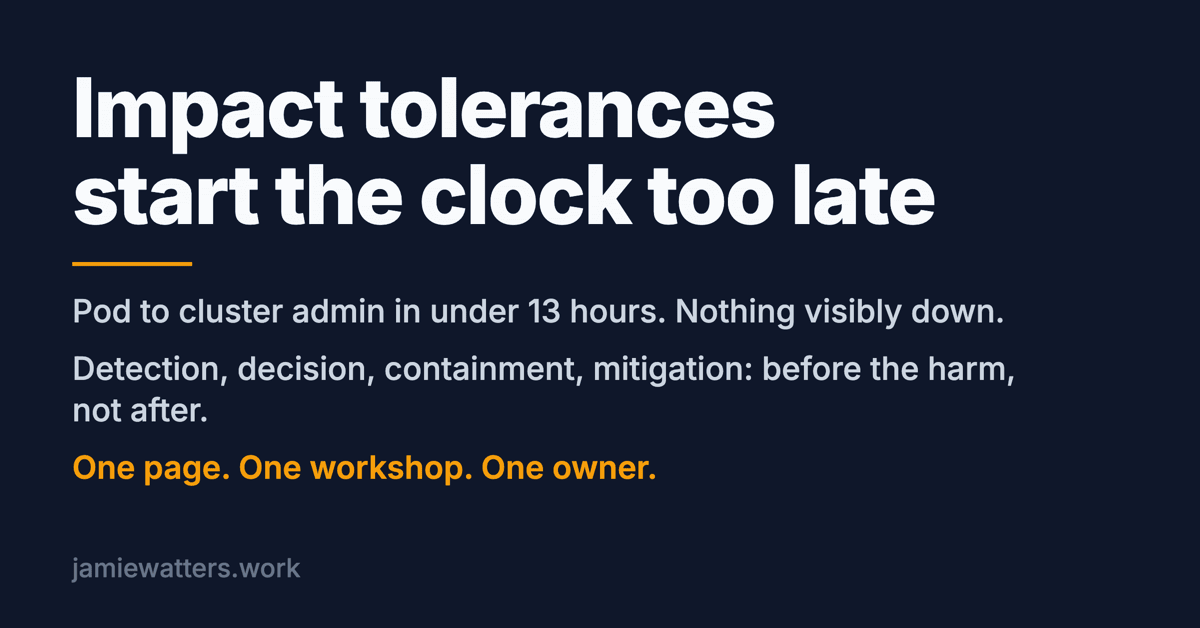 Social card reading: Impact tolerances start the clock too late. Pod to cluster admin in under 13 hours, nothing visibly down. Detection, decision, containment, mitigation: before the harm, not after. One page, one workshop, one owner.
