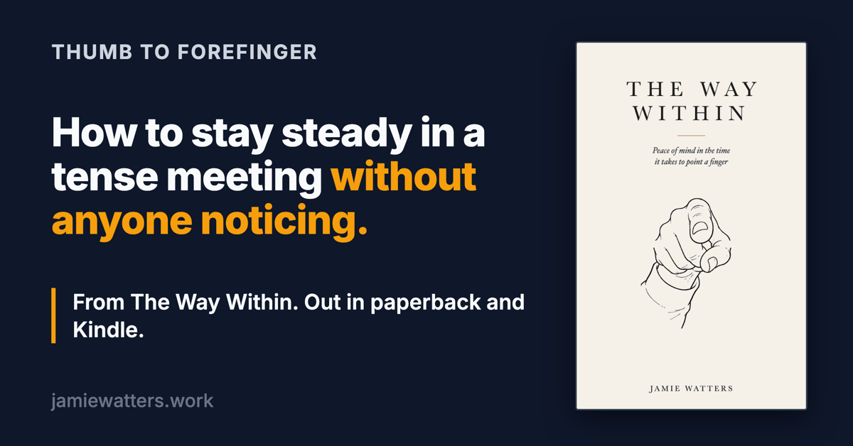 Social card. Headline: how to stay steady in a tense meeting without anyone noticing. Below: the cover of The Way Within by Jamie Watters, a quiet pointing hand, with the line: out in paperback and Kindle.