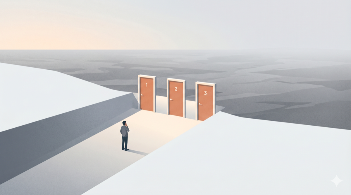 A wide-open landscape funnelled into three identical numbered doors, the rest of the terrain greyed out behind them.