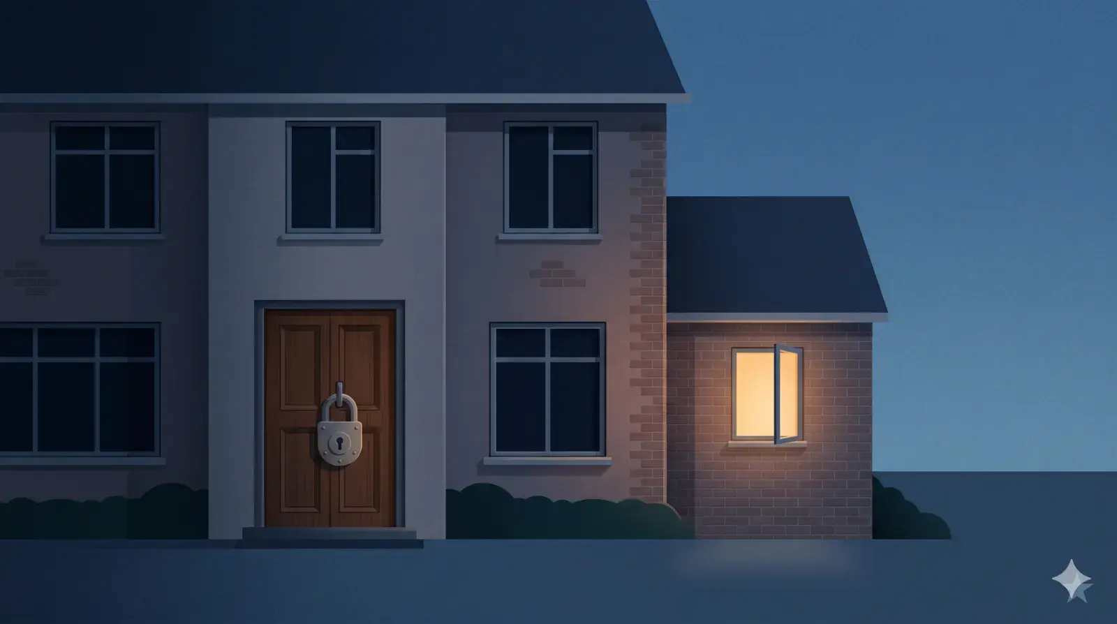 A reassuring padlock on the front door of a house, while a small side window stands quietly open in the background.