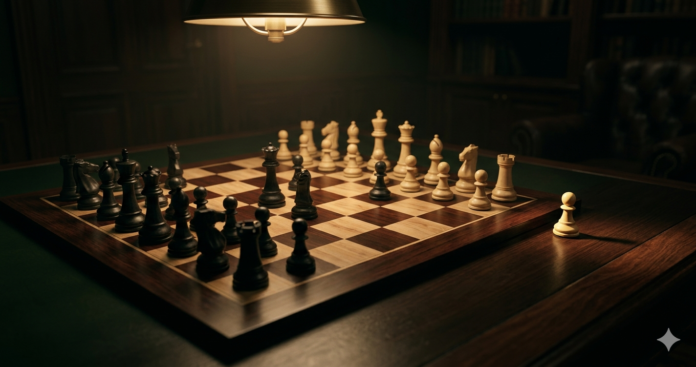 A chess board mid-game with a single pawn stepping off the edge
