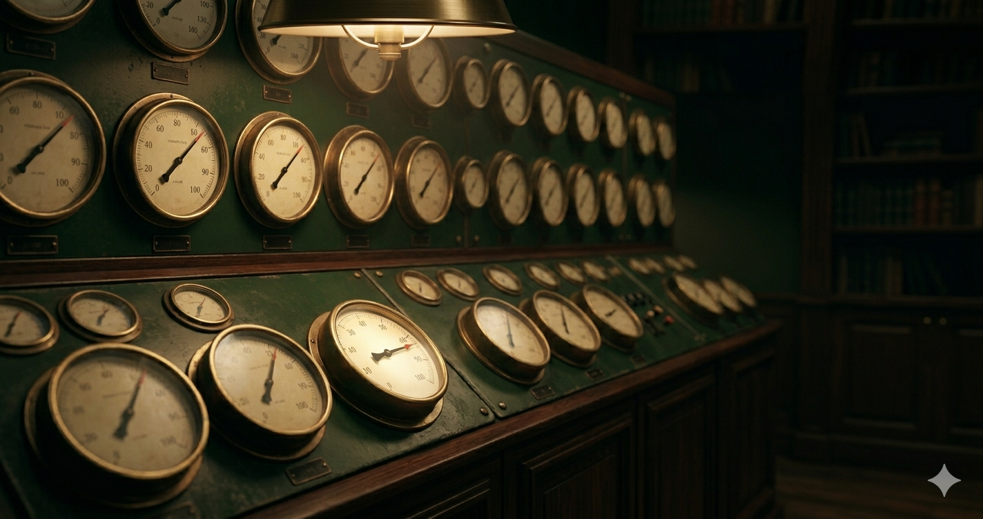 A vintage analogue control panel with one dial subtly misaligned from the others