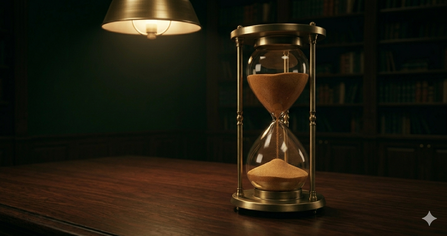 A brass and glass hourglass mid-flow on a dark mahogany surface