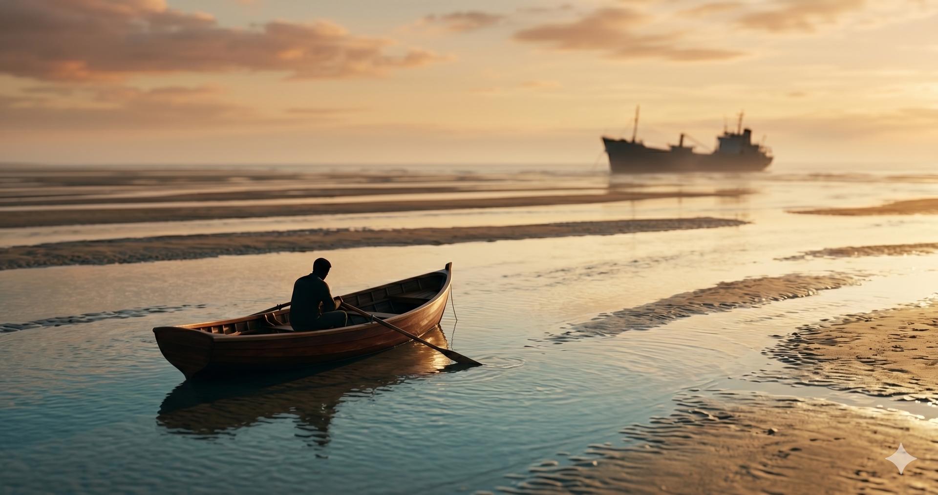 A small wooden boat in tidal shallows at golden hour, with a stranded larger vessel in the distance
