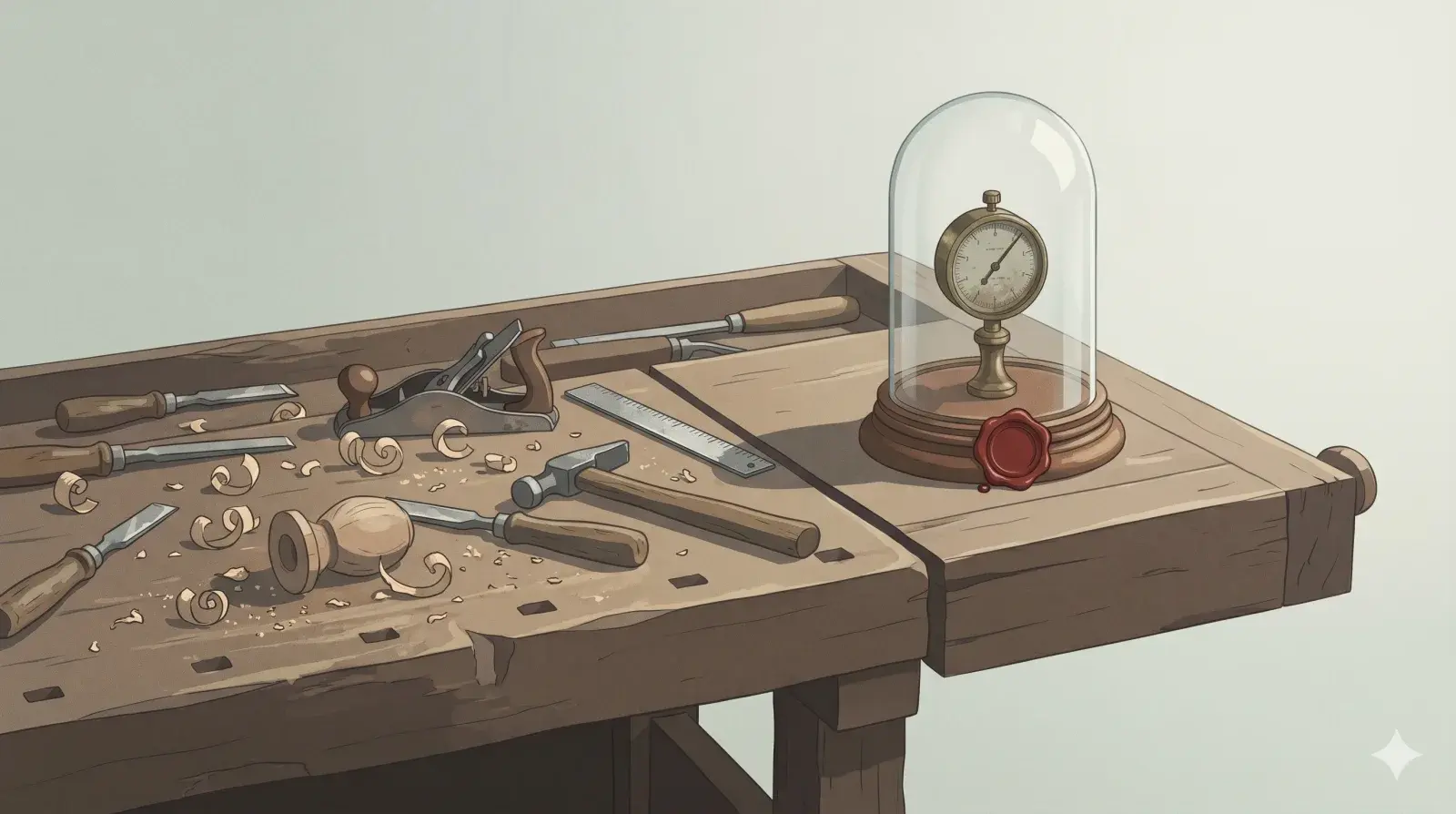 A craftsman's workbench with hand tools and wood shavings beside a brass measuring gauge sealed under a glass dome with a wax seal