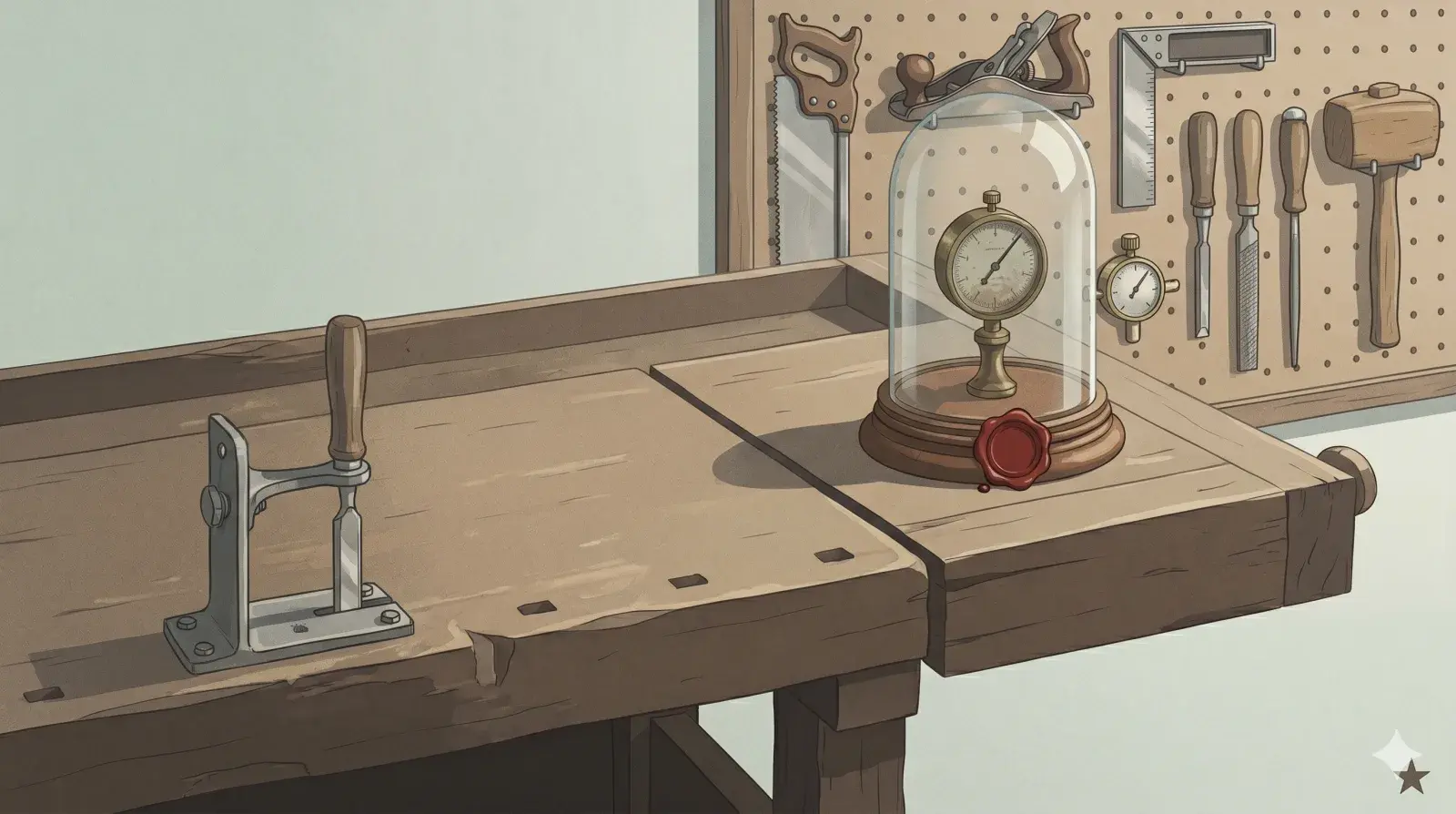 On the left, a lone clamp gripping a single tool; on the right, an organised wall of specialist tools around a small instrument sealed under glass with a wax seal.