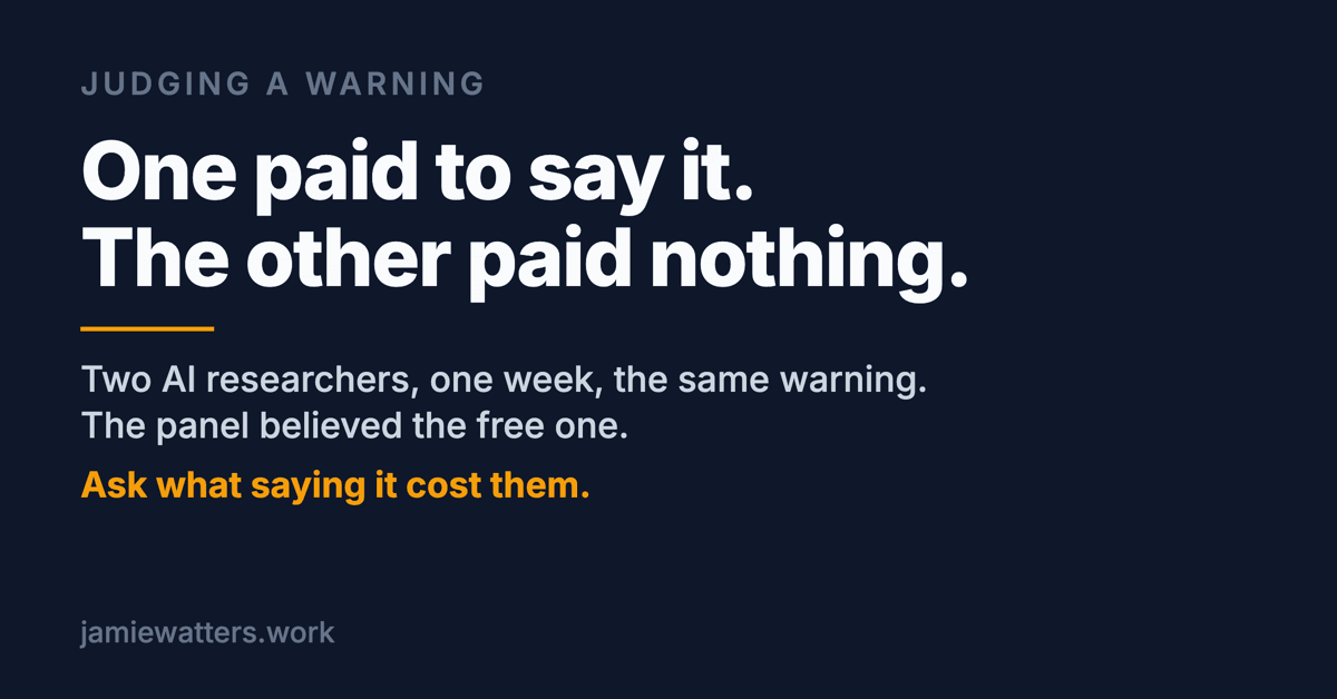 Two statements side by side on a dark card. One cost unvested equity and a career and was dismissed. One cost nothing and was believed.