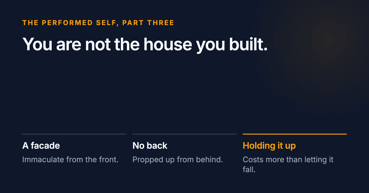 You are not the house you built. Below: a facade immaculate from the front, no back, propped up from behind, and holding it up costs more than letting it fall.