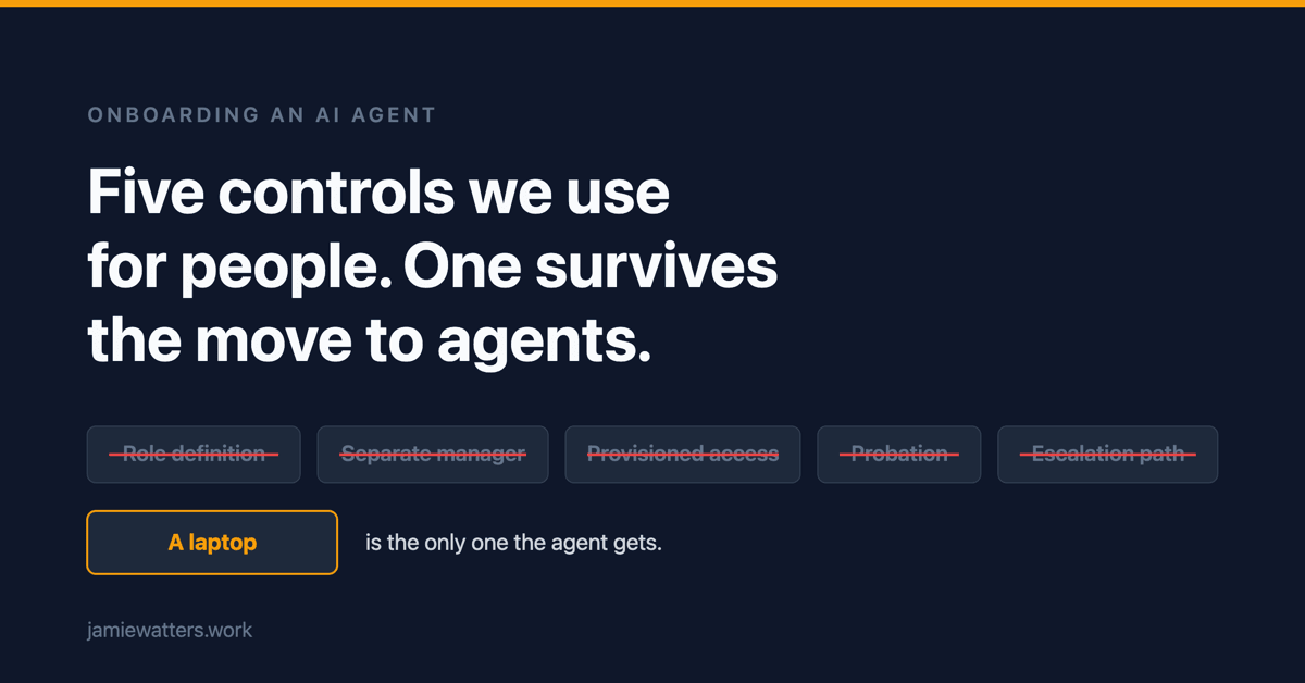 Five onboarding controls listed twice: what a new human employee gets, and what an internal AI agent gets. Only the laptop appears in both columns.