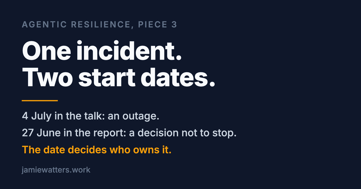 Social card reading: one incident, two start dates. 4 July in the talk. 27 June in the report. The date decides who owns it.