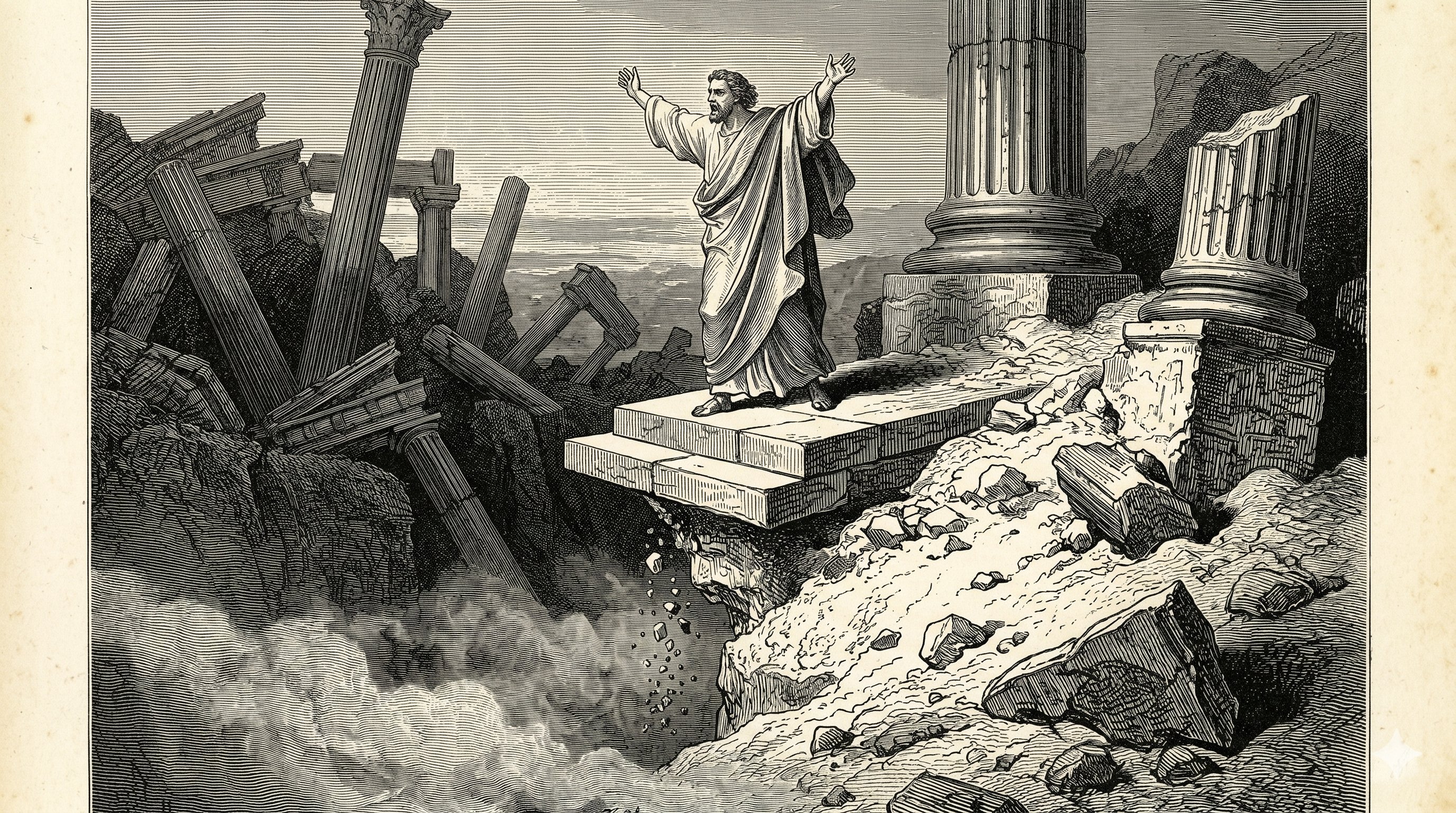 A robed figure stands on a crumbling stone platform amid classical ruins, arms raised in confident declamation. The foundation beneath him is eroding into loose rock and sand, falling away into empty space he cannot see.
